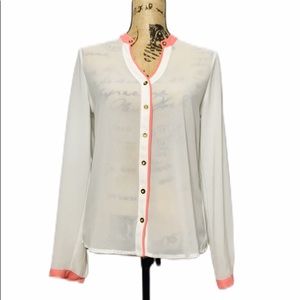 White Sheer Pink Trim Button-Up Blouse S